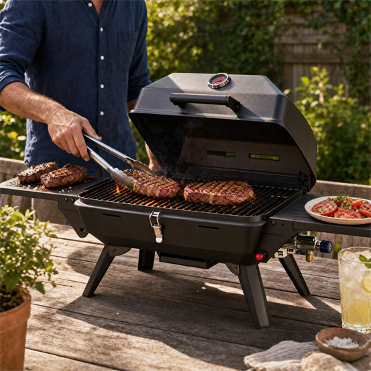 Grill Meister Memphis Portable Barbecue Grill — with Lid & Side Table