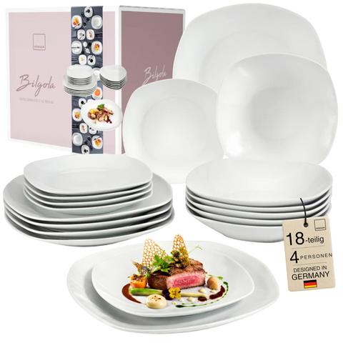 Bilgola Dinnerware Set — 18 Pieces for 4 People, White Porcelain, Designed in Germany
