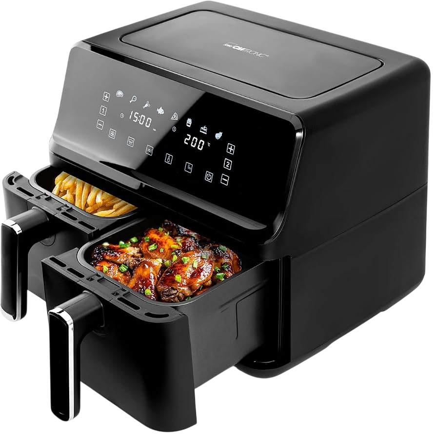 Clatronic Family Size Double Hot Air Fryer — 8 L Total (2 x 4 L), Twin Zones, Dual LED Touch Displays
