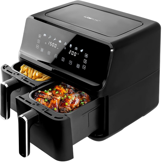 Clatronic Family Size Double Hot Air Fryer — 8 L Total (2 x 4 L), Twin Zones, Dual LED Touch Displays