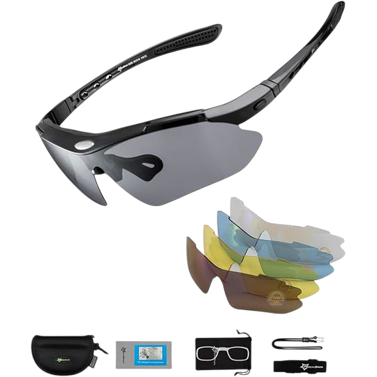 CRIVIT Sports Sunglasses with Spare Lenses — 5 Interchangeable Lens Sets, Case and Accessories