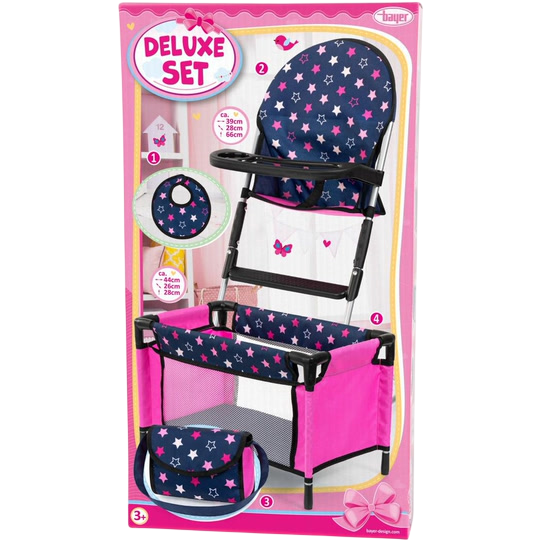 Bayer Design Deluxe Set — 4-Piece Doll Accessory Set with High Chair, Travel Cot, Changing Bag and Bib (3+)