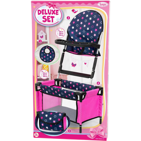 Bayer Design Deluxe Set — 4-Piece Doll Accessory Set with High Chair, Travel Cot, Changing Bag and Bib (3+)