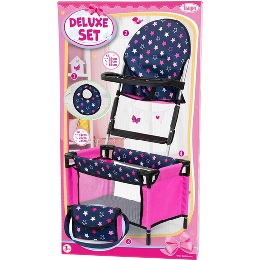 Bayer Design Deluxe Set — 4-Piece Doll Accessory Set with High Chair, Travel Cot, Changing Bag and Bib (3+)