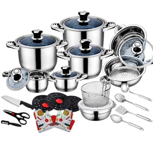 HARRAZ Interiors 30 PCS Cookware Set — Mirror-Polished Stainless Steel, Induction Suitable