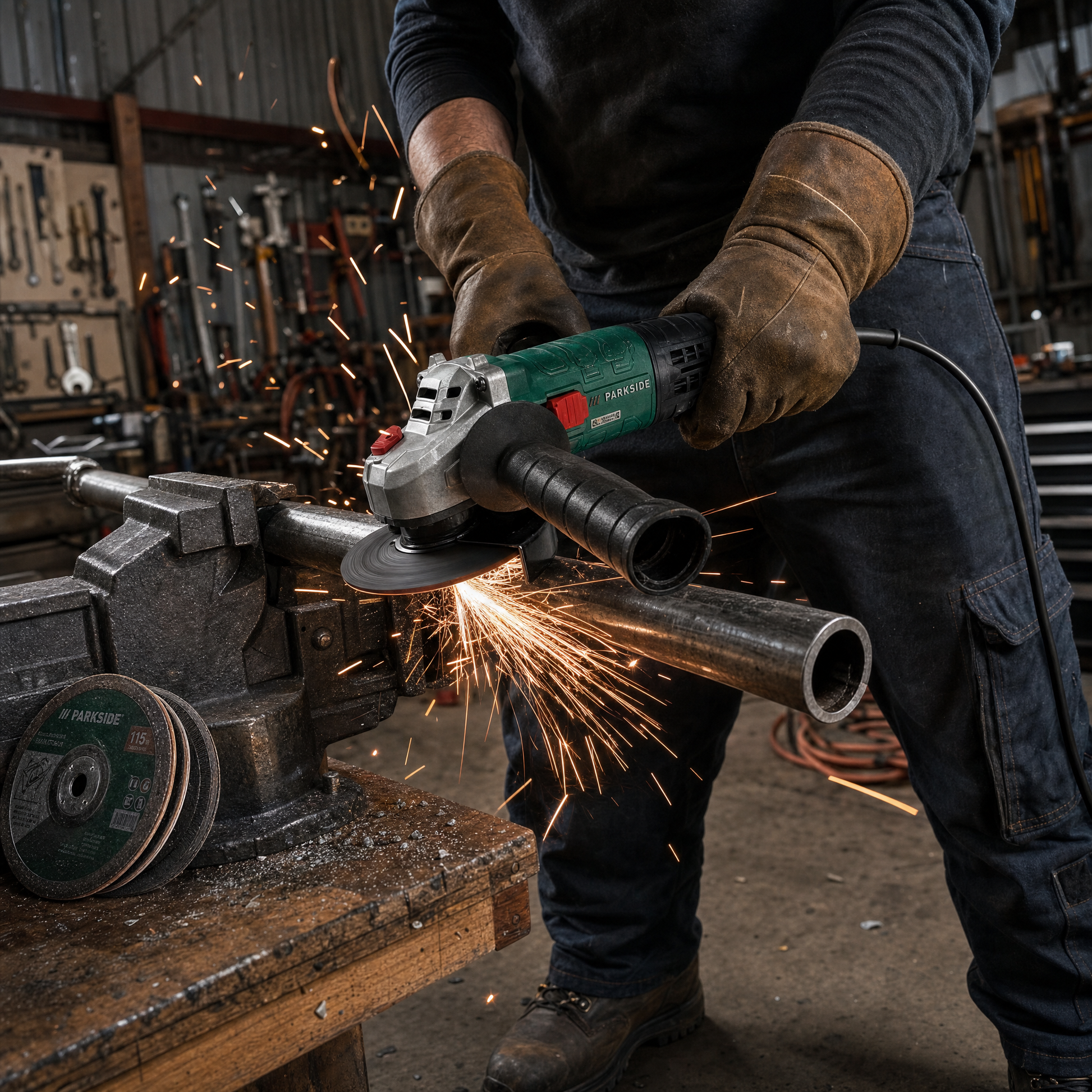 Parkside angle grinder in use