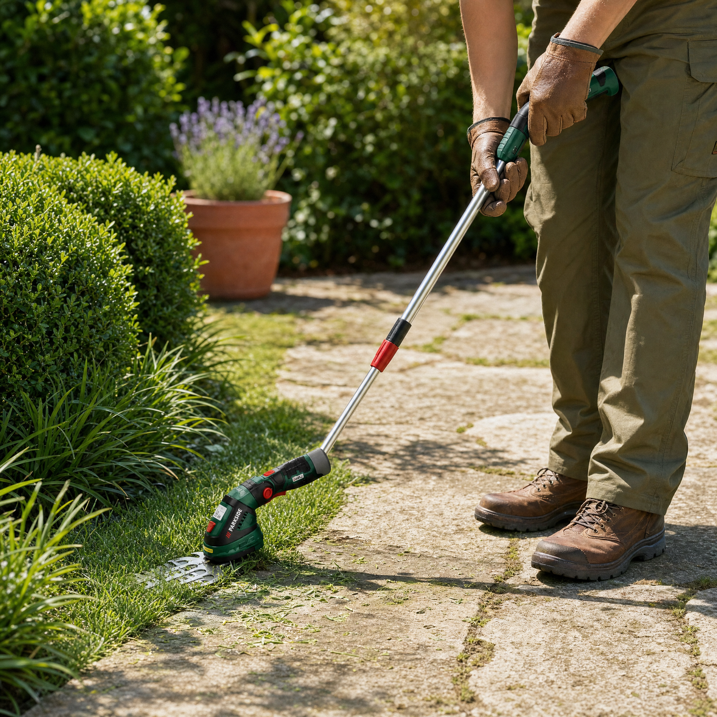 Parkside 20V cordless hedge shears in use