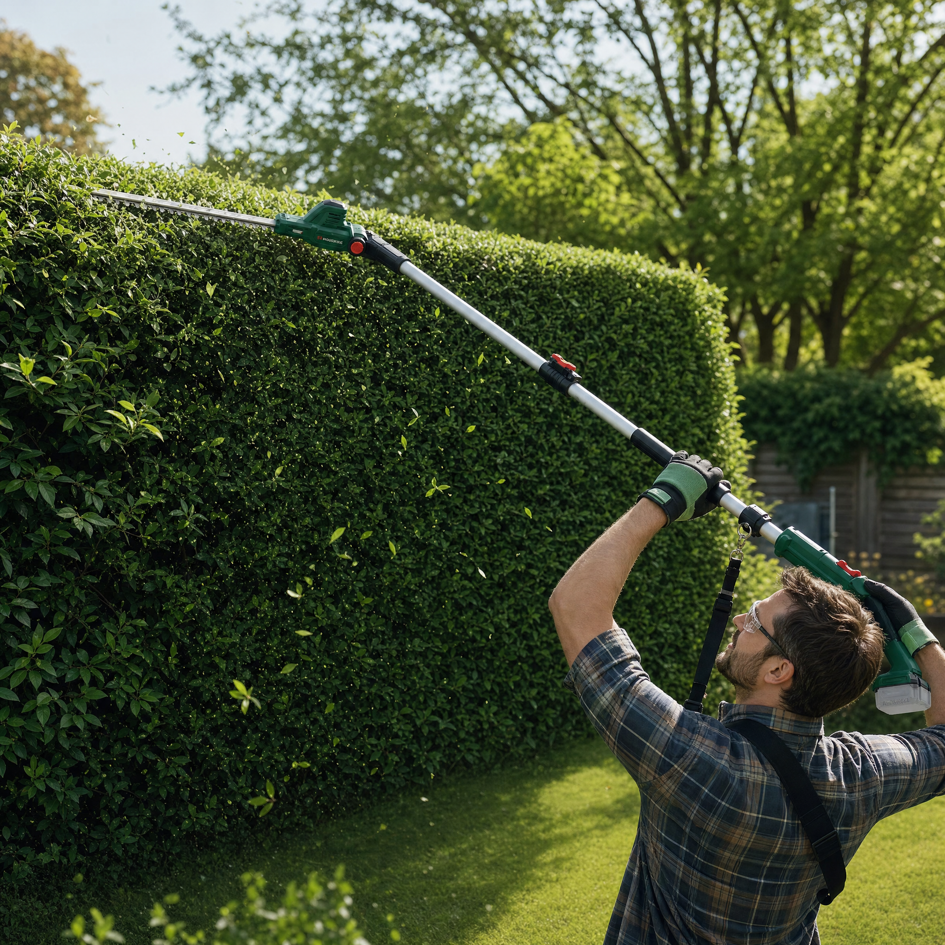 Parkside cordless extendable hedge trimmer in use