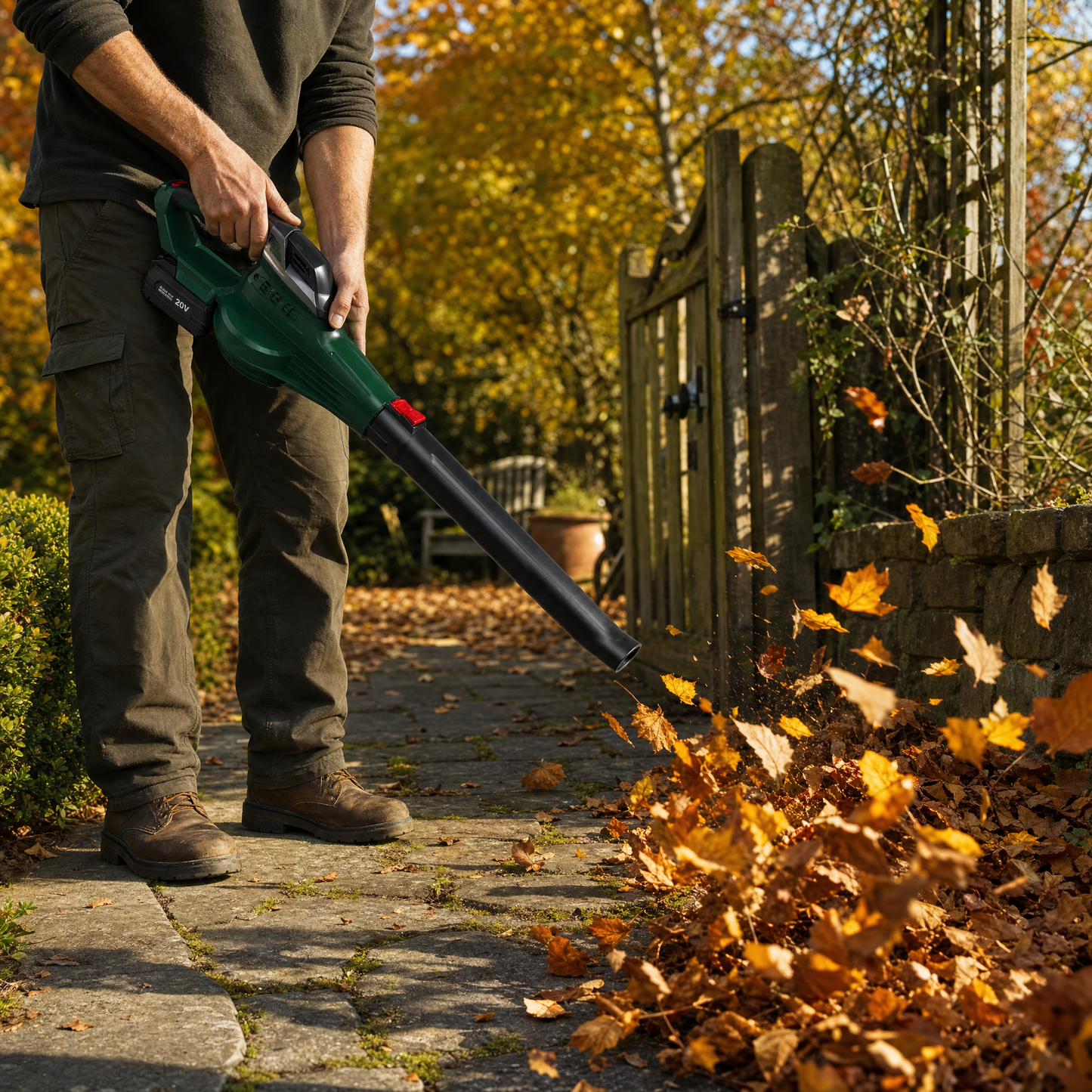 Parkside 20V cordless leaf blower in use