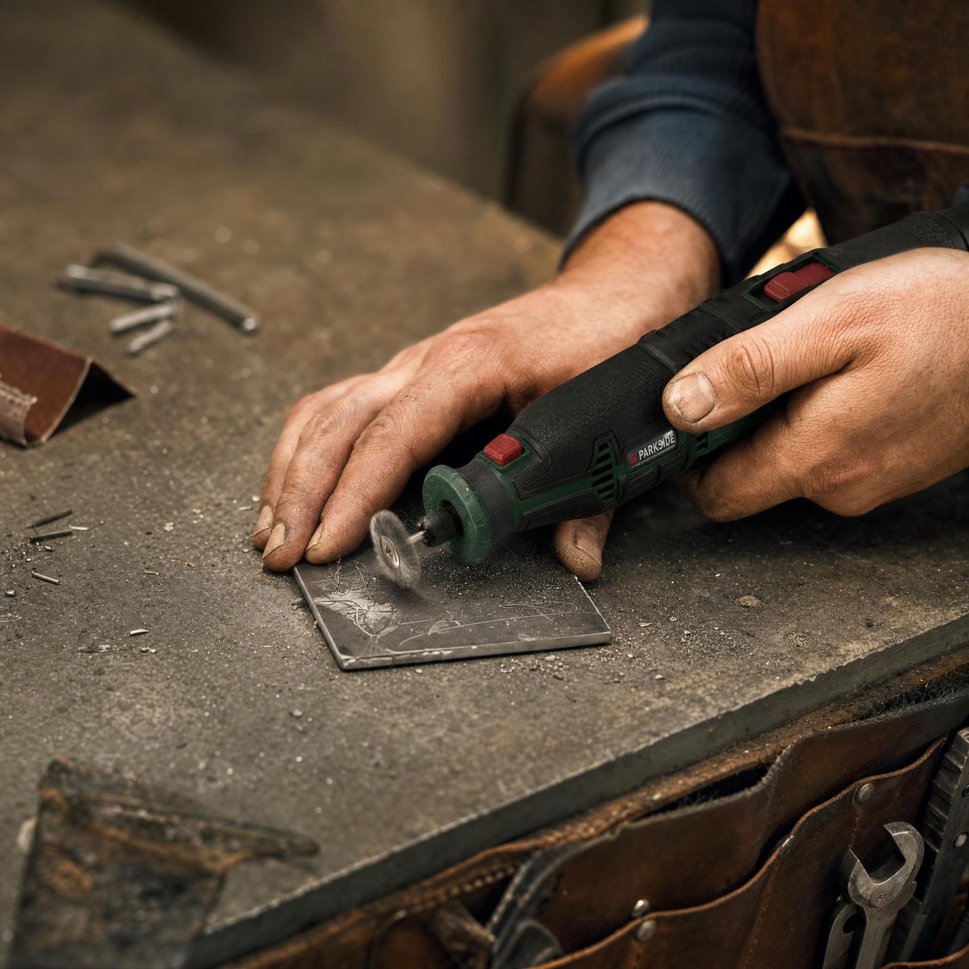 Parkside 20V cordless mini angle grinder and rotary tool set in use
