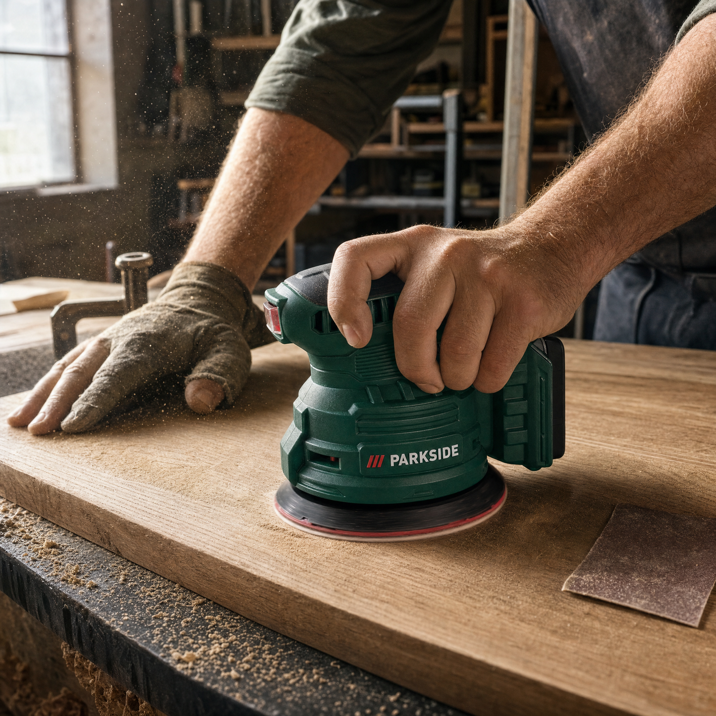 Parkside 20V random orbital sander in use