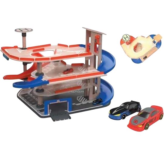 Playtive Racers Wooden Garage — 4-Level Car Park with Lift, Spiral Ramp, Helipad and 2 Die-Cast Cars
