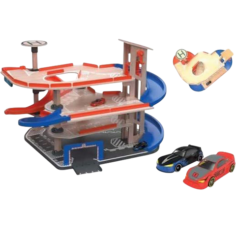 Playtive Racers Wooden Garage — 4-Level Car Park with Lift, Spiral Ramp, Helipad and 2 Die-Cast Cars