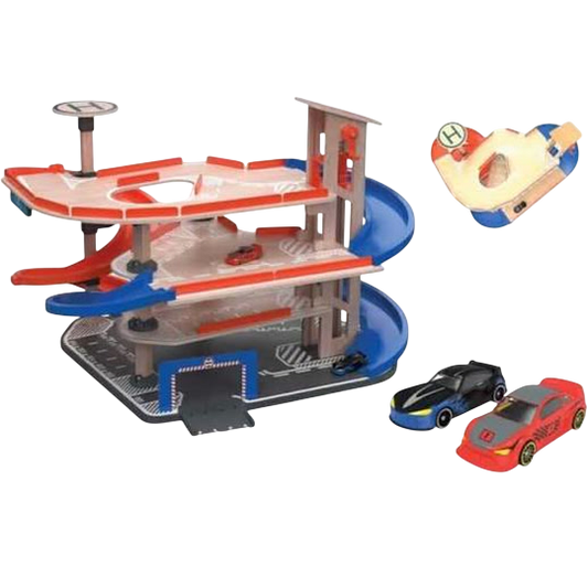 Playtive Racers Wooden Garage — 4-Level Car Park with Lift, Spiral Ramp, Helipad and 2 Die-Cast Cars