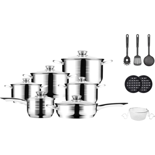 Royalty Line — 18-Piece Stainless Steel Inox Cookware Set with Glass Lids & Utensils