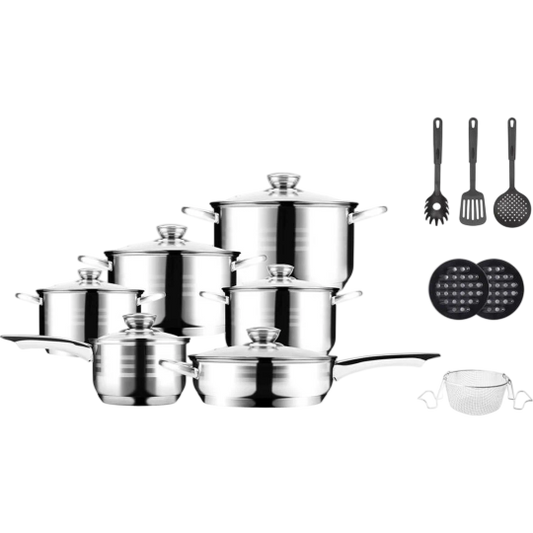 Royalty Line — 18-Piece Stainless Steel Inox Cookware Set with Glass Lids & Utensils
